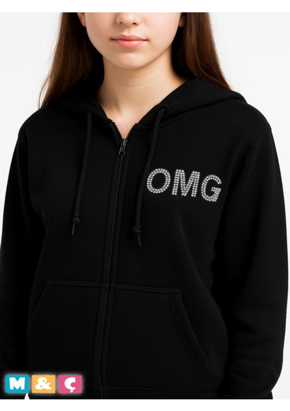 Unisex Kapşonlu Fermuarlı Hodie Parlak Taşlı Kalın Şardonlu Oversize Ceket Sweatshirt