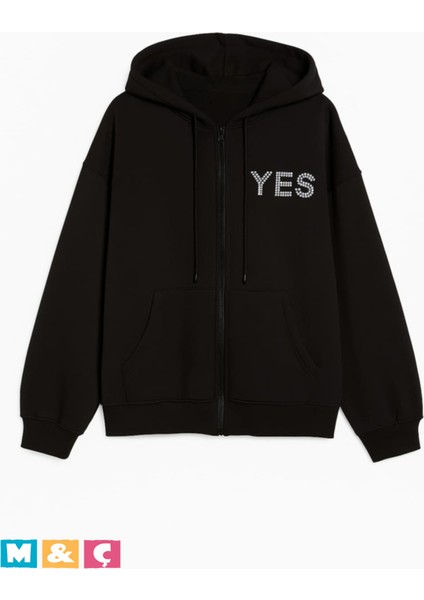 Unisex Kapşonlu Fermuarlı Hodie Parlak Taşlı Kalın Şardonlu Oversize Ceket Sweatshirt