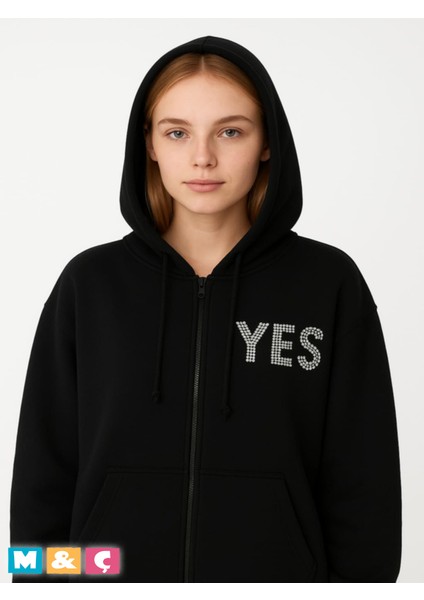 Unisex Kapşonlu Fermuarlı Hodie Parlak Taşlı Kalın Şardonlu Oversize Ceket Sweatshirt fiyatları