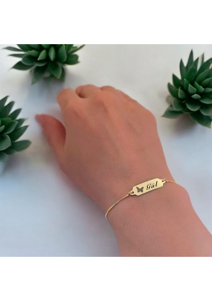 14 Ayar Altın Plakalı Gül Ismine Özel Zincirli Kelebek Motifli Hediye BILEKLIK-643ISIM