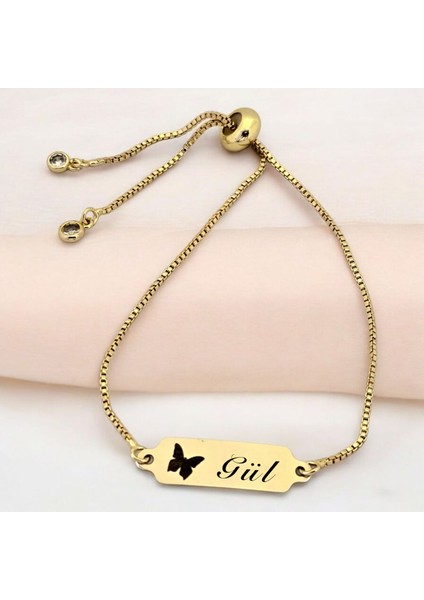14 Ayar Altın Plakalı Gül Ismine Özel Zincirli Kelebek Motifli Hediye BILEKLIK-643ISIM fiyatları