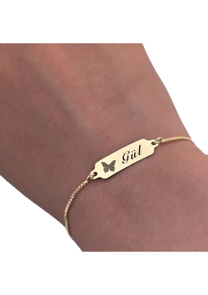 14 Ayar Altın Plakalı Gül Ismine Özel Zincirli Kelebek Motifli Hediye BILEKLIK-643ISIM fırsatları