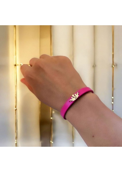 14 Ayar Altın Plakalı D Harfine Özel Taç Motifli Doğal Pembe Derili Hediye BILEKLIK-642HARF