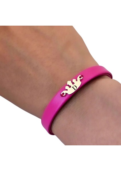 14 Ayar Altın Plakalı D Harfine Özel Taç Motifli Doğal Pembe Derili Hediye BILEKLIK-642HARF modelleri