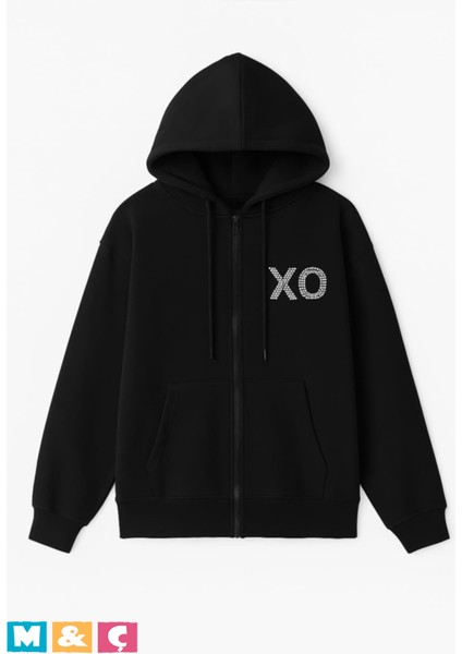 Unisex Kapşonlu Fermuarlı Hodie Parlak Taşlı Kalın Şardonlu Oversize Ceket Sweatshirt