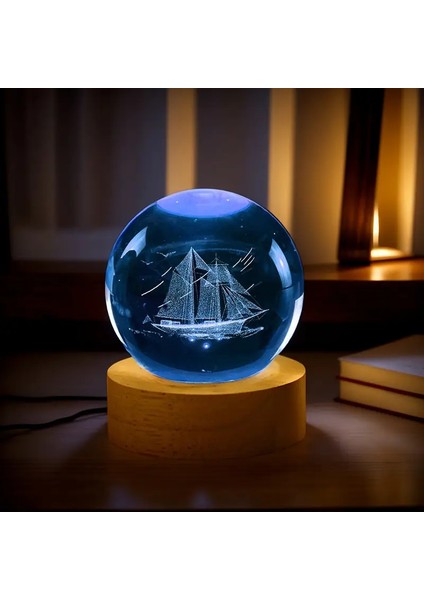 Kişiye Özel Yelkenli Gemi 3D Lazer Işlemeli Dekoratif Gece Lambası 8*6cm