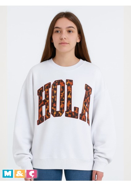 Bisklet Yakadı Hodie Oversize Şardonlu Kalın Unisex Sewatshirt Leopar Baskı