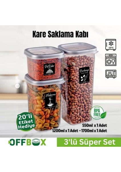 Kare Bakliyat Baharat Gıda Saklama Kabı - 3 Çeşit - 3 Adet
