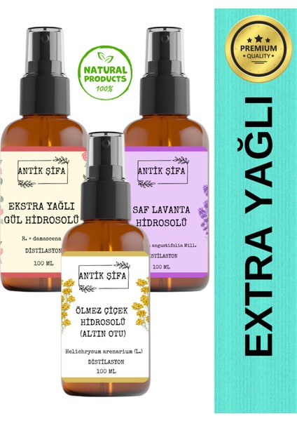 Ölmez Çiçek, Gül ve Lavanta Suyu (3 x 100ML) -Doğal Hidrosol Seti
