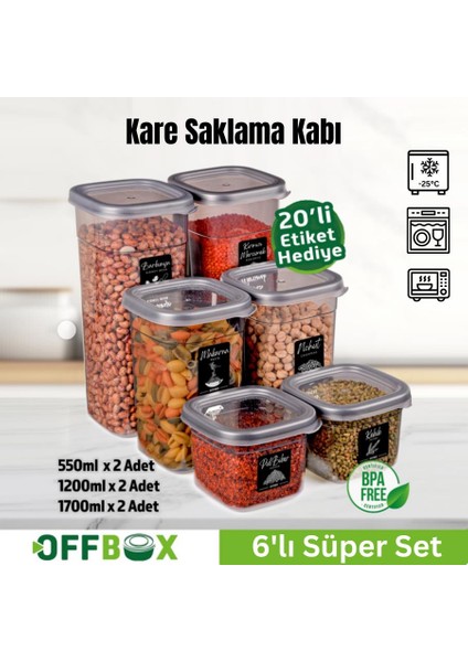 Kare Bakliyat Baharat Gıda Saklama Kabı - 3 Çeşit - 6 Adet