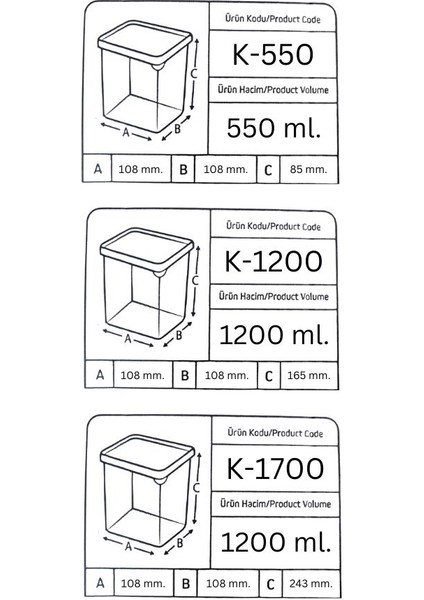 Kare Bakliyat Baharat Gıda Saklama Kabı - 3 Çeşit - 6 Adet fiyatları