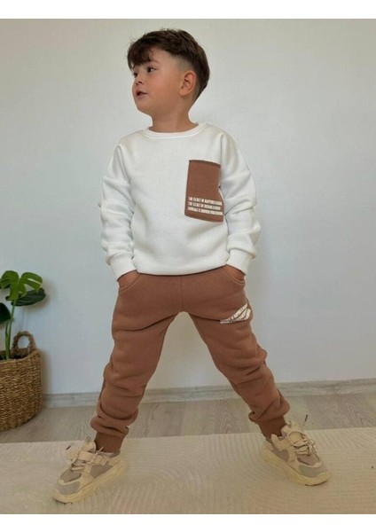 Erkek Çocuk Şardonlu Takım Kışlık Pamuklu Eşofman Takımı Beyaz - 4-5 Yaş