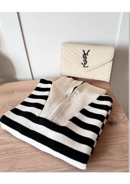 Çizgi Desenli Fermuarlı Triko Kazak fiyatları