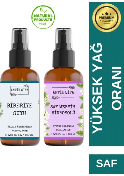 Biberiye Suyu ve Mersin Suyu Seti - Yenilen Hidrosol Seti (2X100ML) %100 Seyreltilmemiş, Doğal