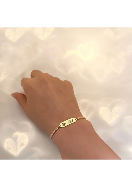 Altın Plakalı 14 Ayar Gül Ismine Özel Beyaz Taş Desenli Kelebek Figürlü Hediye BILEKLIK-644ISIM