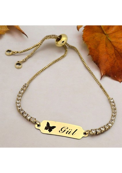 Altın Plakalı 14 Ayar Gül Ismine Özel Beyaz Taş Desenli Kelebek Figürlü Hediye BILEKLIK-644ISIM fiyatları