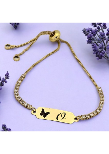 14 Ayar Altın Plakalı O Harfine Özel Beyaz Taş Desenli Kelebek Figürlü Hediye BILEKLIK-644HARF fiyatları