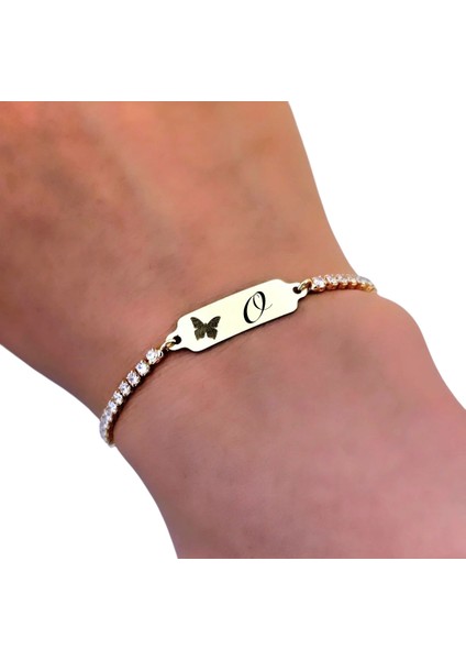 14 Ayar Altın Plakalı O Harfine Özel Beyaz Taş Desenli Kelebek Figürlü Hediye BILEKLIK-644HARF fırsatları