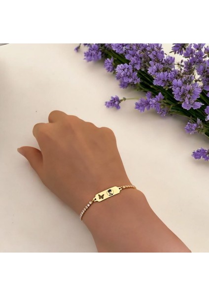 14 Ayar Plakalı Altın Atatürk Temalı Kelebek Figürlü Beyaz Taş Desenli Hediye BILEKLIK-644SEMBOL