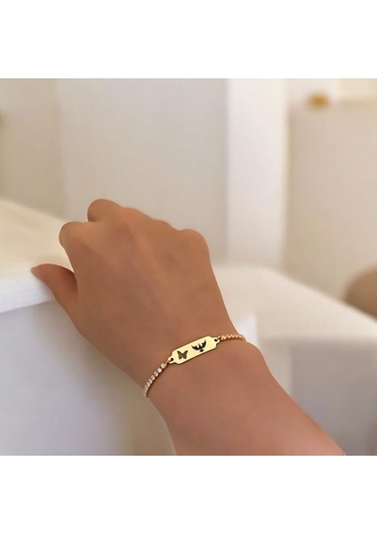 14 Ayar Altın Plakalı Kral Kartal Temalı Beyaz Taş Desenli Kelebek Figürlü Hediye BILEKLIK-644SEMBOL