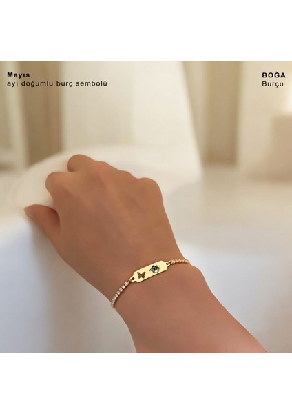 Altın Plakalı 14 Ayar Boğa Burçlarına Özel Beyaz Taşlı Kelebek Figürlü Hediye BILEKLIK-644BURÇ