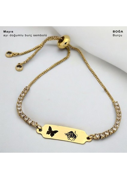 Altın Plakalı 14 Ayar Boğa Burçlarına Özel Beyaz Taşlı Kelebek Figürlü Hediye BILEKLIK-644BURÇ fiyatları