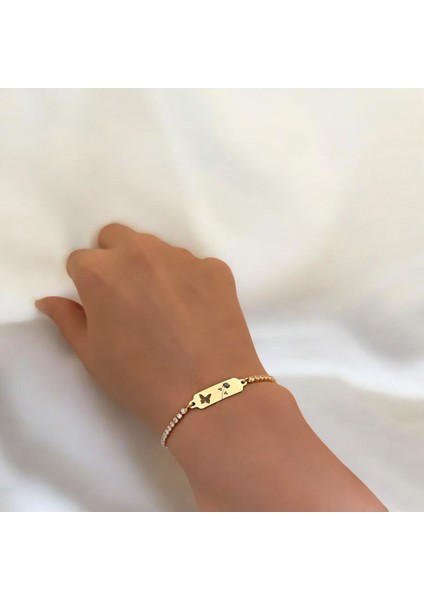 14 Ayar Altın Plakalı Gül Temalı Kelebek Figürlü Beyaz Taş Desenli Hediye BILEKLIK-644SEMBOL