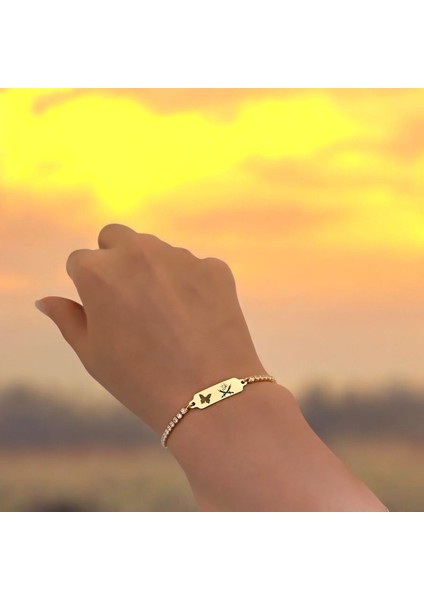 Altın Plakalı 14 Ayar Hz Ali Temalı Beyaz Taş Desenli Kelebek Figürlü Hediye BILEKLIK-644SEMBOL