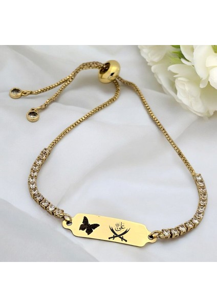 Altın Plakalı 14 Ayar Hz Ali Temalı Beyaz Taş Desenli Kelebek Figürlü Hediye BILEKLIK-644SEMBOL fiyatları