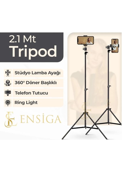 Tripod 2.1 mt 360 Döner Başlıklı Telefon Tutucu Ring Light Metal Işık Stüdyo Lamba Ayağı