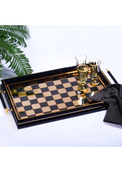 Şık Dikdörtgen Tepsi, Kulplu, Siyah-Altın, Zarif ve Lüx Sunum Için Ideal