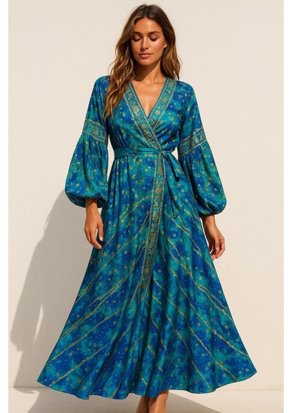 Ipek Anvelop Elbise – Altın Yaldızlı, Balon Kollu (36–44 Beden)