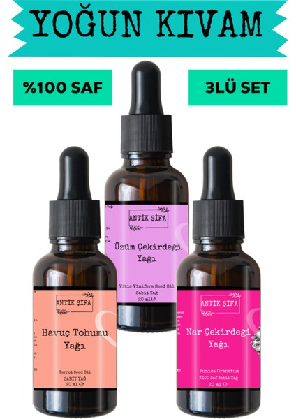 Havuç Tohumu Yağı, Nar Çekirdeği Yağı ve Üzüm Çekirdeği Yağı 3 x 20 ml - %100 Soğuk Sıkım Saf