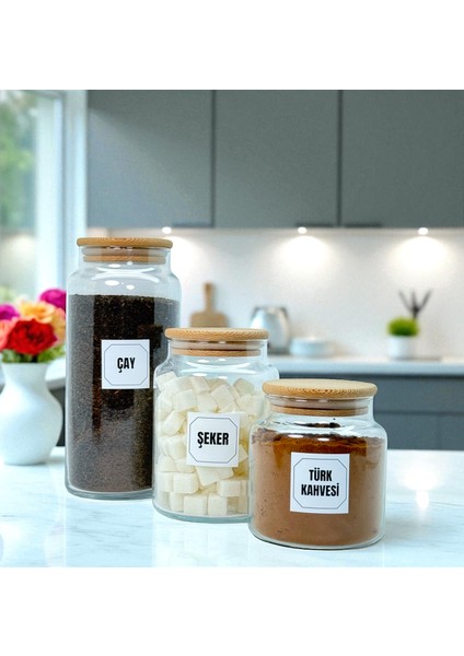 Ahşap Vakum Kapaklı Cam Çay Türk Kahvesi Şeker Saklama Kavanozu Seti Kahve Köşesi Etiket Hediyeli