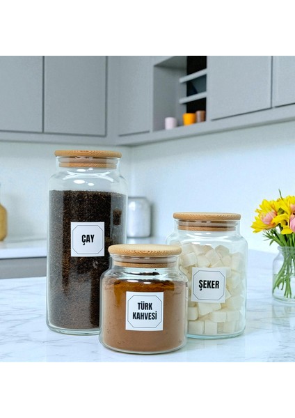 Ahşap Vakum Kapaklı Cam Çay Türk Kahvesi Şeker Saklama Kavanozu Seti Kahve Köşesi Etiket Hediyeli modelleri