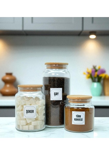 Ahşap Vakum Kapaklı Cam Çay Türk Kahvesi Şeker Saklama Kavanozu Seti Kahve Köşesi Etiket Hediyeli indirimleri