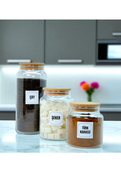 Ahşap Vakum Kapaklı Cam Çay Türk Kahvesi Şeker Saklama Kavanozu Seti Kahve Köşesi Etiket Hediyeli
