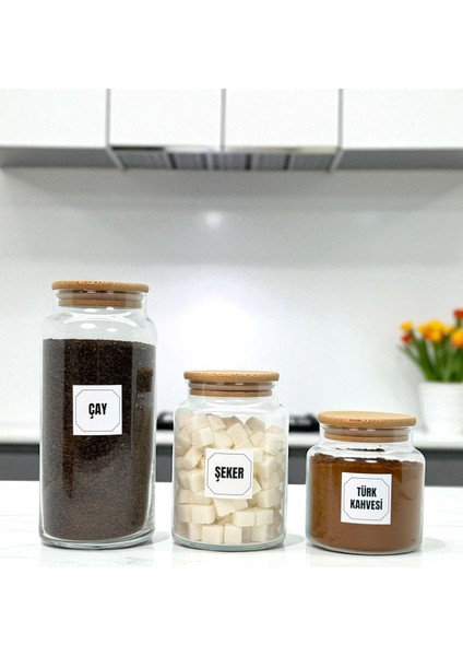 Ahşap Vakum Kapaklı Cam Çay Türk Kahvesi Şeker Saklama Kavanozu Seti Kahve Köşesi Etiket Hediyeli