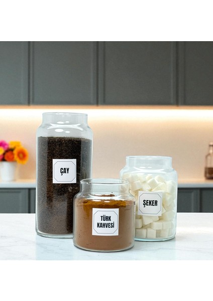 Ahşap Vakum Kapaklı Cam Çay Türk Kahvesi Şeker Saklama Kavanozu Seti Kahve Köşesi Etiket Hediyeli