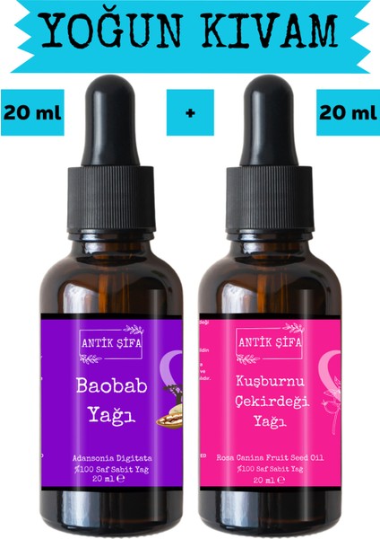 Baobab Yağı ve Kuşburnu Çekirdeği Yağı (20ML + 20ML) -%100 Doğal Soğuk Sıkım Yüz Yogası Yağı Seti