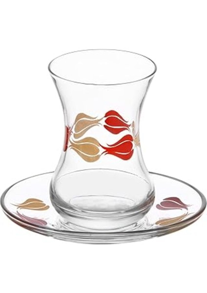 Şeffaf 12'li Çay Seti, Lale Desenli, Şık ve Zarif Tasarım