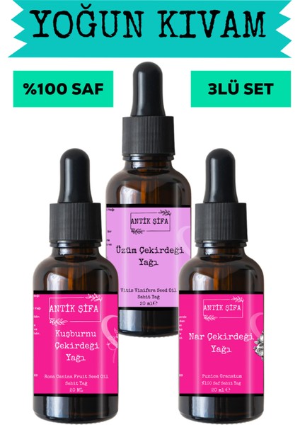 Kuşburnu Çekirdeği, Üzüm Çekirdeği ve Nar Çekirdeği Yağı (3X20ML)-%100 Saf Doğal Sabit Yağ Seti