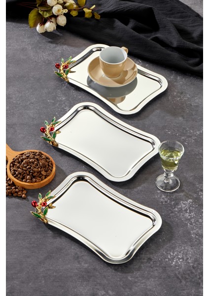 Kulp Desenli Krom Sunum Tepsisi, 25X15CM, 3'lü Set, Şık ve Kullanışlı Ürün