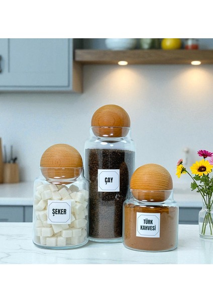Ahşap Top Kapaklı Cam Çay Türk Kahvesi Şeker Saklama Kavanozu Seti Kahve Köşesi Etiket Hediyeli