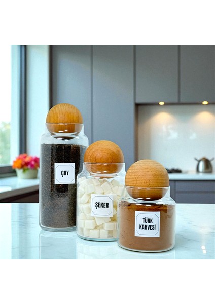 Ahşap Top Kapaklı Cam Çay Türk Kahvesi Şeker Saklama Kavanozu Seti Kahve Köşesi Etiket Hediyeli fiyatları