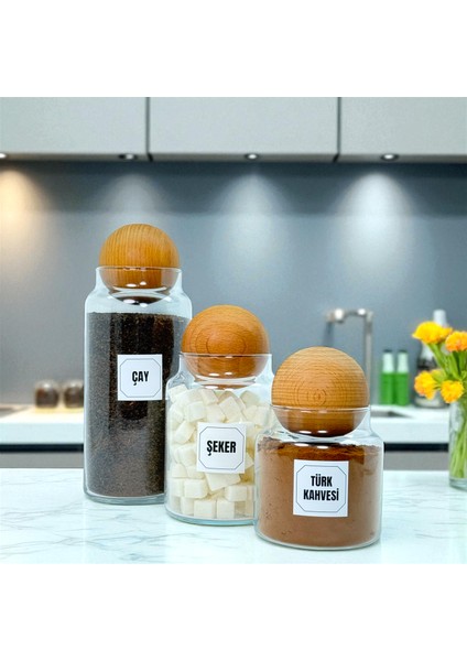 Ahşap Top Kapaklı Cam Çay Türk Kahvesi Şeker Saklama Kavanozu Seti Kahve Köşesi Etiket Hediyeli indirimleri