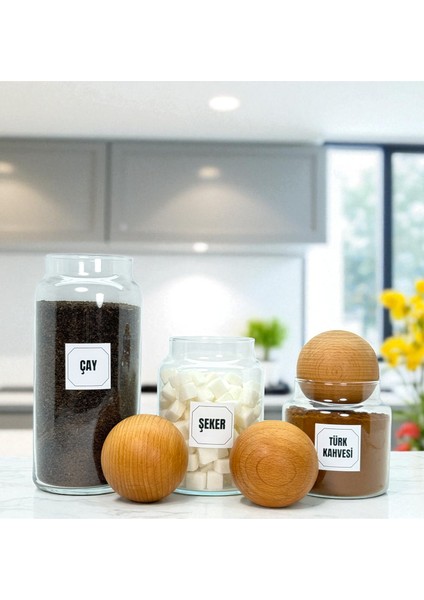 Ahşap Top Kapaklı Cam Çay Türk Kahvesi Şeker Saklama Kavanozu Seti Kahve Köşesi Etiket Hediyeli