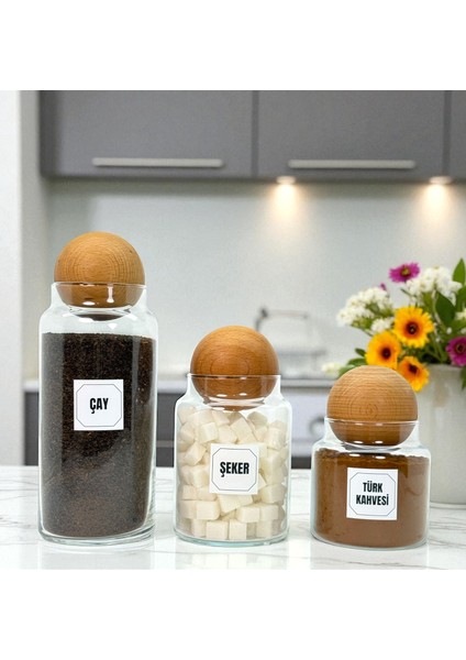 Ahşap Top Kapaklı Cam Çay Türk Kahvesi Şeker Saklama Kavanozu Seti Kahve Köşesi Etiket Hediyeli