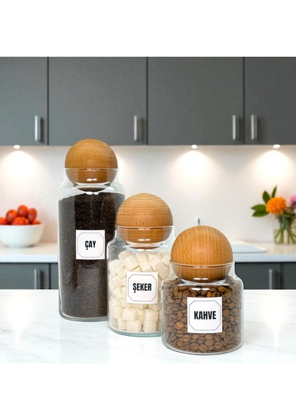 Ahşap Top Kapaklı Cam Çay Şeker Kahve Saklama Kavanozu Seti Kahve Köşesi Etiket Hediyeli