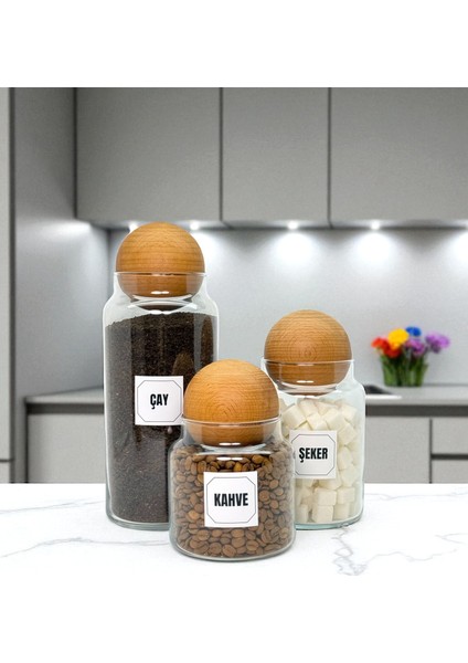 Ahşap Top Kapaklı Cam Çay Şeker Kahve Saklama Kavanozu Seti Kahve Köşesi Etiket Hediyeli fiyatları